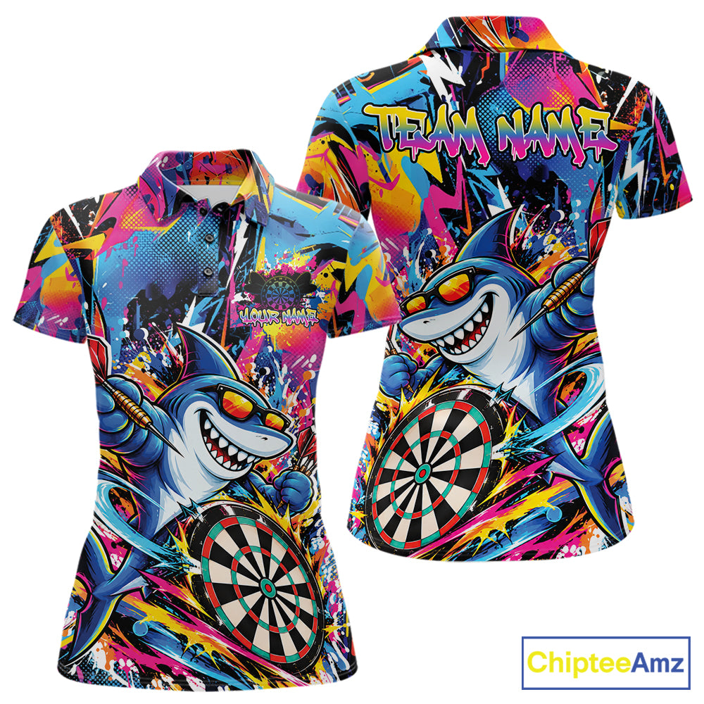 Custom Funny Shark Colorful Dart Jersey, Graffiti Dart League Women Polo Shirt For Team IPHW12647
