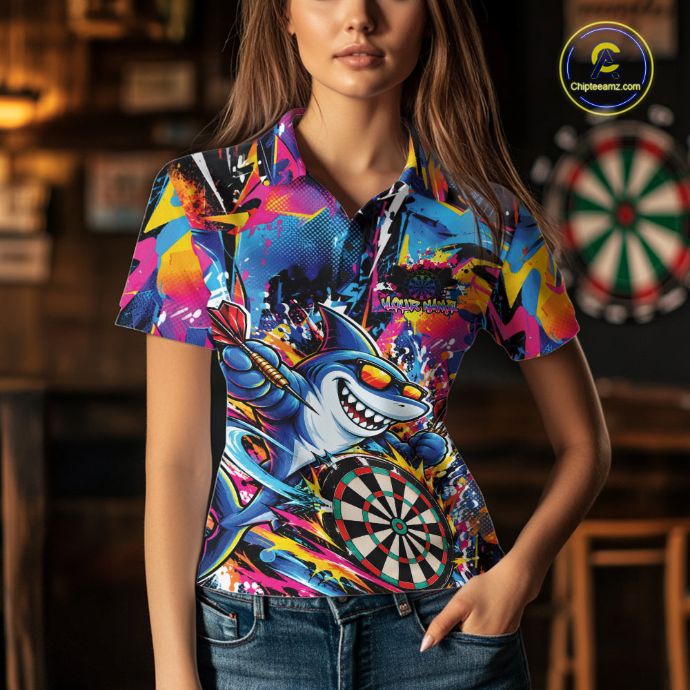 Custom Funny Shark Colorful Dart Jersey, Graffiti Dart League Women Polo Shirt For Team IPHW12647