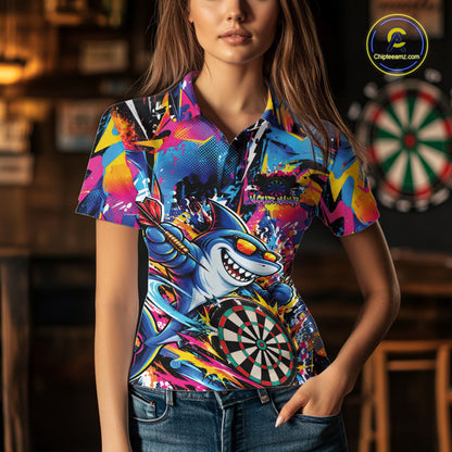 Custom Funny Shark Colorful Dart Jersey, Graffiti Dart League Women Polo Shirt For Team IPHW12647