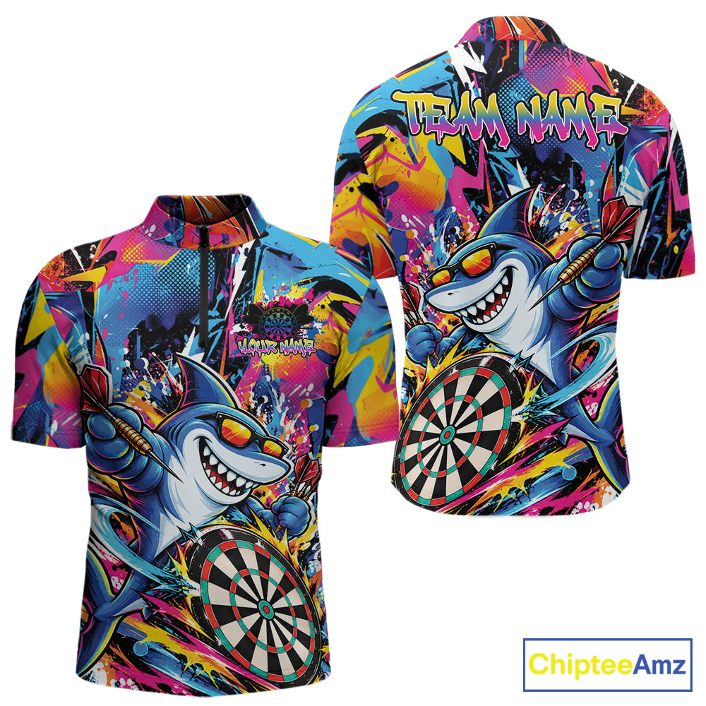 Custom Funny Shark Colorful Dart Jersey, Graffiti Dart League Men Quarter Zip Shirt For Team IPHW12647