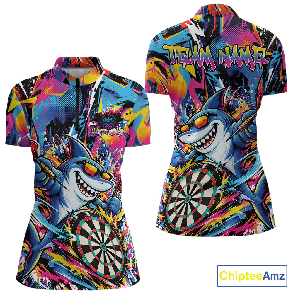 Custom Funny Shark Colorful Dart Jersey, Graffiti Dart League Women Quarter-Zip Shirt IPHW12647