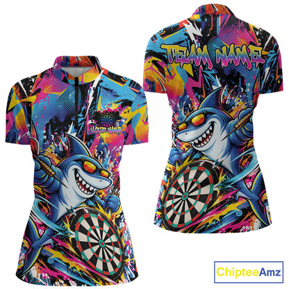 Custom Funny Shark Colorful Dart Jersey, Graffiti Dart League Women Quarter-Zip Shirt IPHW12647