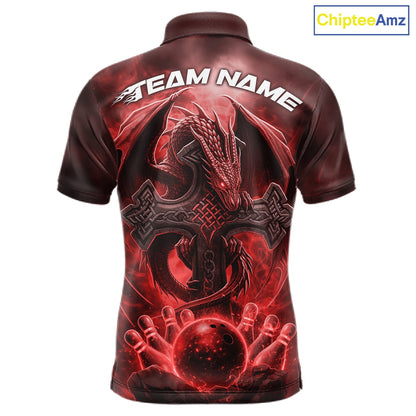 Custom Red Flame Celtic Cross Dragon Bowling Team Shirts, Faith Bowling Tournament Shirts IPHW10508