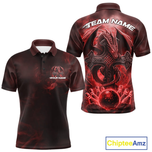 Custom Red Flame Celtic Cross Dragon Bowling Team Shirts, Faith Bowling Tournament Shirts IPHW10508