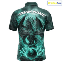 Load image into Gallery viewer, Custom Turquoise Blue Flame Celtic Cross Dragon Bowling Team Shirts, Faith Bowling Tournament Shirts IPHW10509