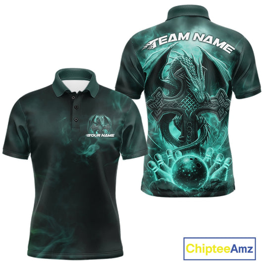 Custom Turquoise Blue Flame Celtic Cross Dragon Bowling Team Shirts, Faith Bowling Tournament Shirts IPHW10509