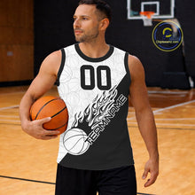 Load image into Gallery viewer, Black And White Flame Basketball Ball Team Shirts, Custom Name Team Name Basketball Jerseys IPHW10511
