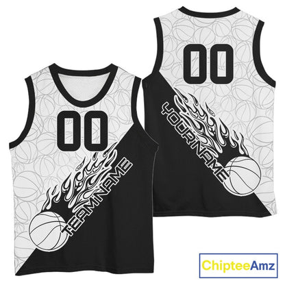 Black And White Flame Basketball Ball Team Shirts, Custom Name Team Name Basketball Jerseys IPHW10511