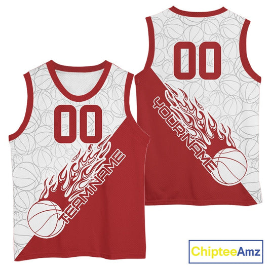 Red Flame Basketball Ball Team Shirts, Custom Name Team Name Basketball Jerseys IPHW10513