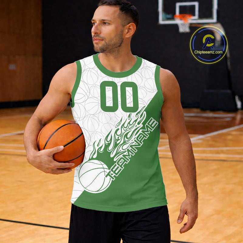 Green Flame Basketball Ball Team Shirts, Custom Name Team Name Basketball Jerseys IPHW10514