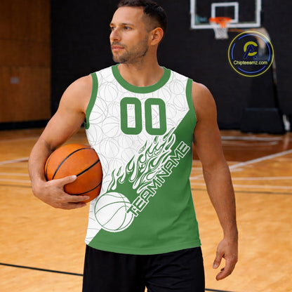 Green Flame Basketball Ball Team Shirts, Custom Name Team Name Basketball Jerseys IPHW10514