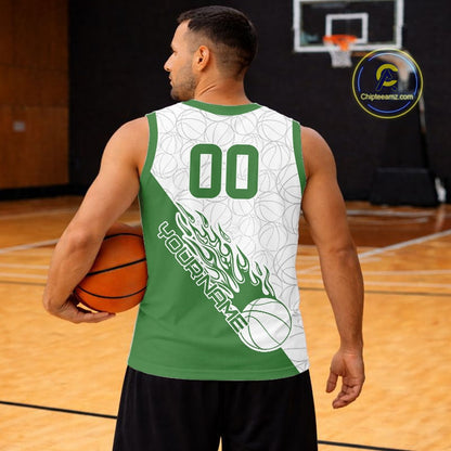 Green Flame Basketball Ball Team Shirts, Custom Name Team Name Basketball Jerseys IPHW10514