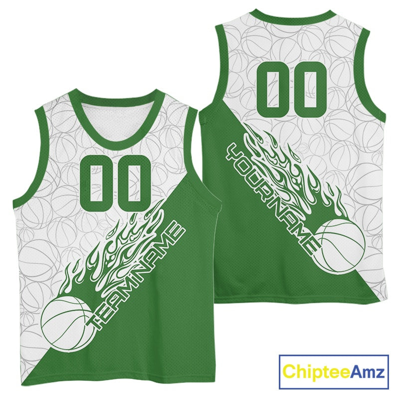 Green Flame Basketball Ball Team Shirts, Custom Name Team Name Basketball Jerseys IPHW10514