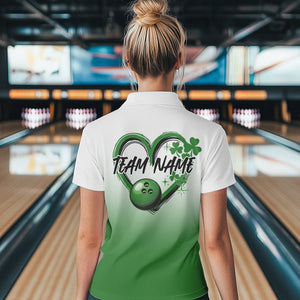 Custom Heart St Patricks Day Bowling Polo Shirts For Women, Lucky Shamprock Bowling Shirt IPHW8601