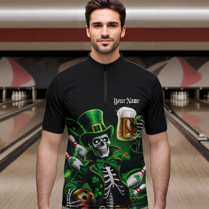 Custom Funny St Patricks Day Leprechaun Skull With Beer Bowling Team Quarter-Zip Shirts Team Outfit IPHW8603
