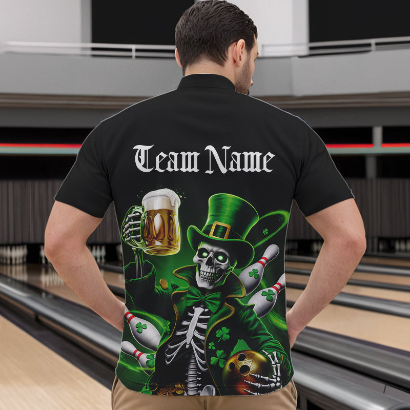 Custom Funny St Patricks Day Leprechaun Skull With Beer Bowling Team Quarter-Zip Shirts Team Outfit IPHW8603