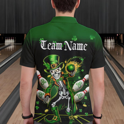 Custom St Patricks Day Leprechaun Skull Bowling Team Polo Shirts, Bowling Tournament Outfits IPHW8604