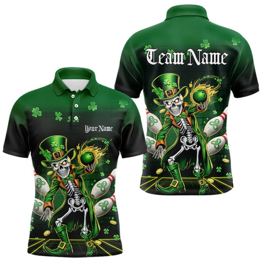 Custom St Patricks Day Leprechaun Skull Bowling Team Polo Shirts, Bowling Tournament Outfits IPHW8604