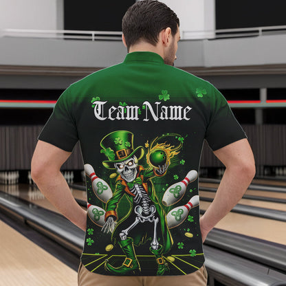 Custom St Patricks Day Leprechaun Skull Bowling Team Quarter-Zip Shirts, Bowling Tournament Outfits IPHW8604