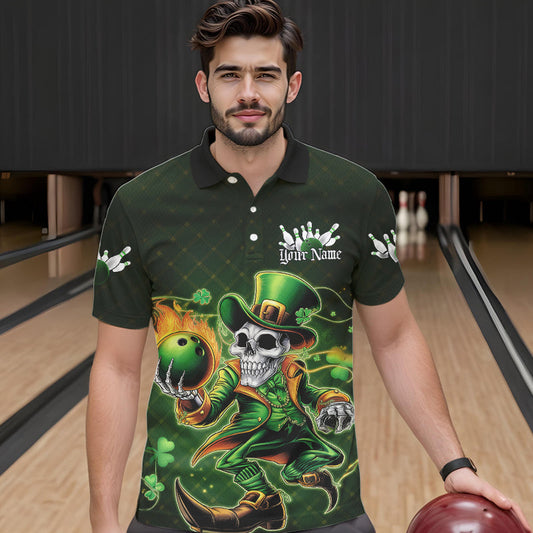 Custom Funny St Patricks Day Leprechaun Skull Bowling Team Polo Shirts, Tournament Outfits IPHW8605