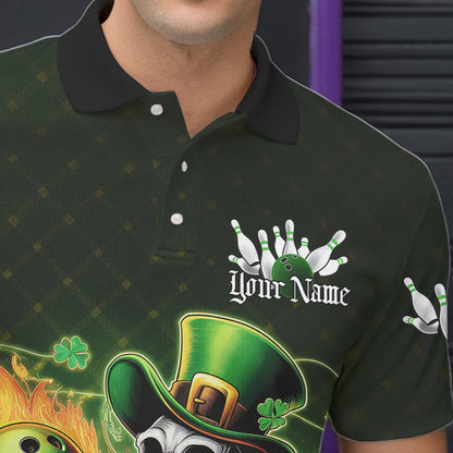 Custom Funny St Patricks Day Leprechaun Skull Bowling Team Polo Shirts, Tournament Outfits IPHW8605