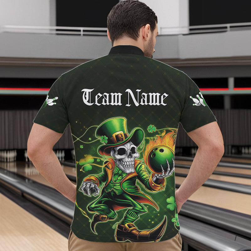 Custom Funny St Patricks Day Leprechaun Skull Bowling Team Quarter-Zip Shirts, Tournament Outfits IPHW8605