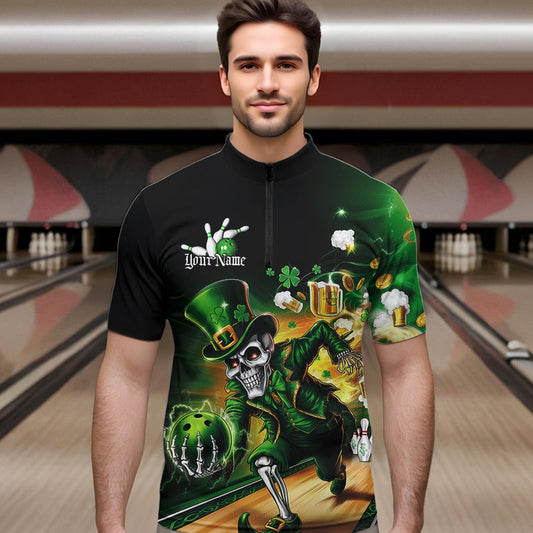 Custom Funny St Patricks Day Leprechaun Skull With Beer Bowling Team Quarter-Zip Shirts Team Outfit IPHW8606