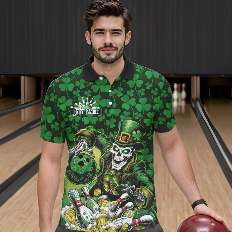 Custom Funny Saint Patricks Day Skull And Beer Bowling Polo Shirt For Men, Lucky Team Shirt IPHW8607