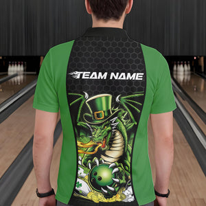 Custom Black And Green St Patricks Dragon Bowling Polo Shirts For Men, Lucky Dragon Bowling IPHW8608