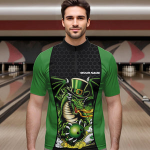 Custom Black And Green St Patricks Dragon Bowling Quarter-Zip Shirts For Men, Lucky Dragon Bowling IPHW8608