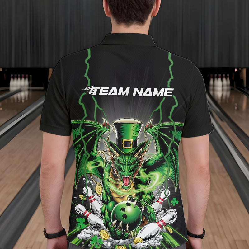 Custom Black And Green St Patricks Dragon Bowling Polo Shirts For Men, Lucky Dragon Bowling IPHW8609