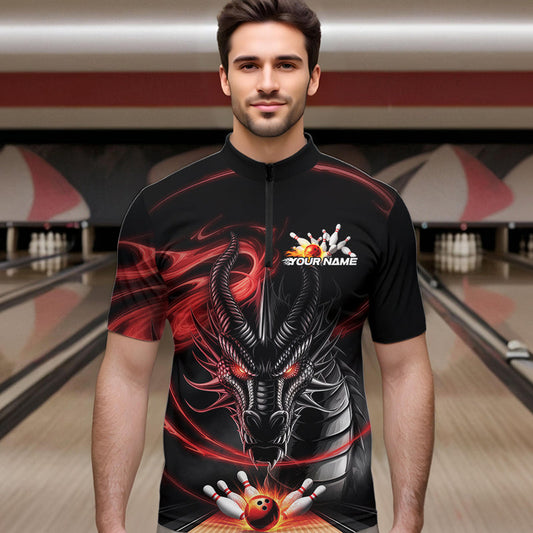 Custom Black And Red Flame Dragon Bowling Team Men Quarter-Zip Shirts, Bowling League Shirt IPHW8911