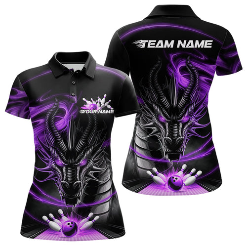 Custom Black And Purple Flame Dragon Bowling Team Women Polo Shirts, Bowling League Shirt IPHW8912