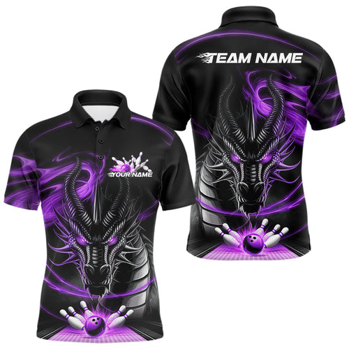 Custom Black And Purple Flame Dragon Bowling Team Men Polo Shirts, Bowling League Shirt IPHW8912