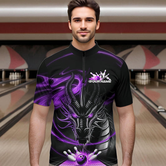 Custom Black And Purple Flame Dragon Bowling Team Men Quarter-Zip Shirts, Bowling League Shirt IPHW8912
