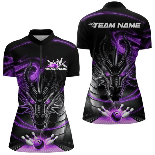 Custom Black And Purple Flame Dragon Bowling Women Quarter-Zip Shirts, Bowling League Shirt IPHW8912