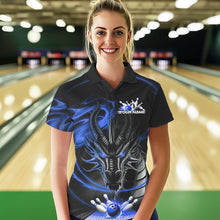 Load image into Gallery viewer, Custom Black And Blue Flame Dragon Bowling Team Women Polo Shirts, Bowling League Shirt IPHW8913