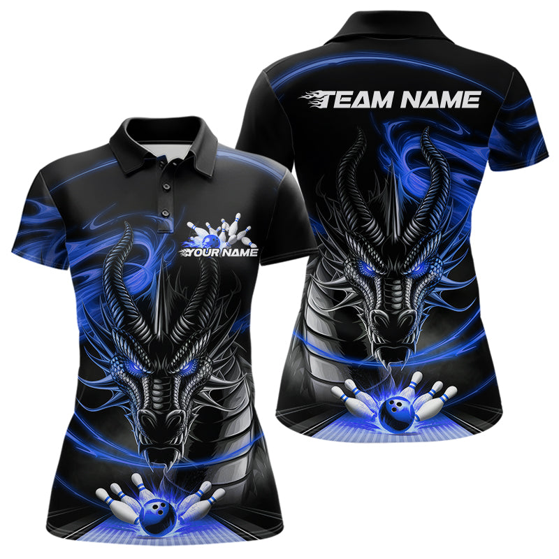 Custom Black And Blue Flame Dragon Bowling Team Women Polo Shirts, Bowling League Shirt IPHW8913