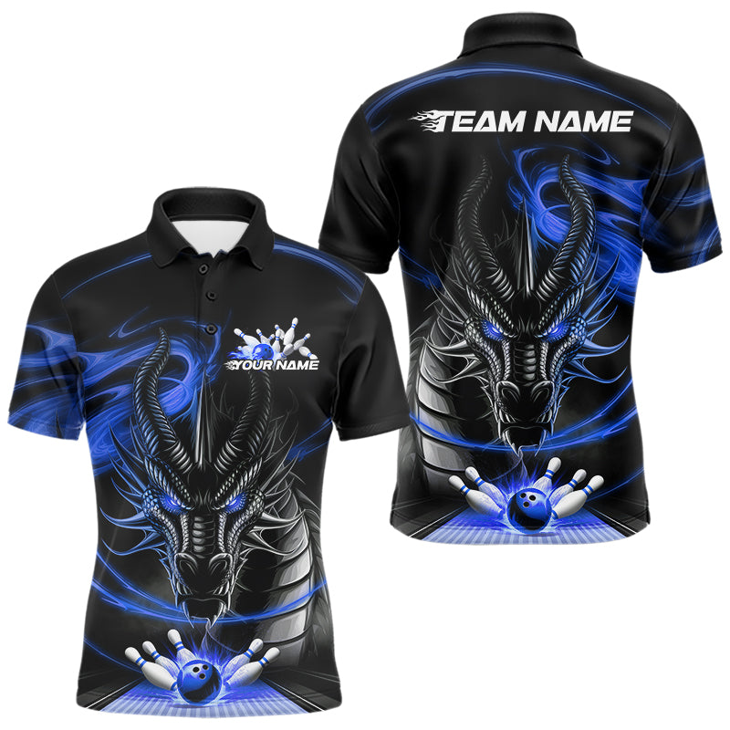 Custom Black And Blue Flame Dragon Bowling Team Men Polo Shirts, Bowling League Shirt IPHW8913