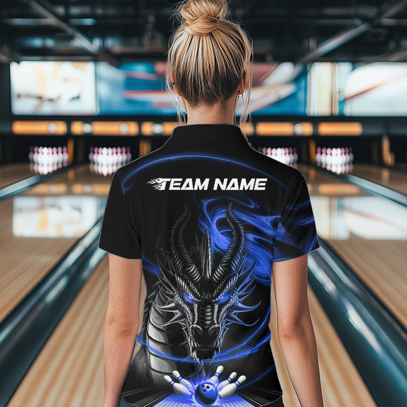 Custom Black And Blue Flame Dragon Bowling Women Quarter-Zip Shirts, Bowling League Shirt IPHW8913