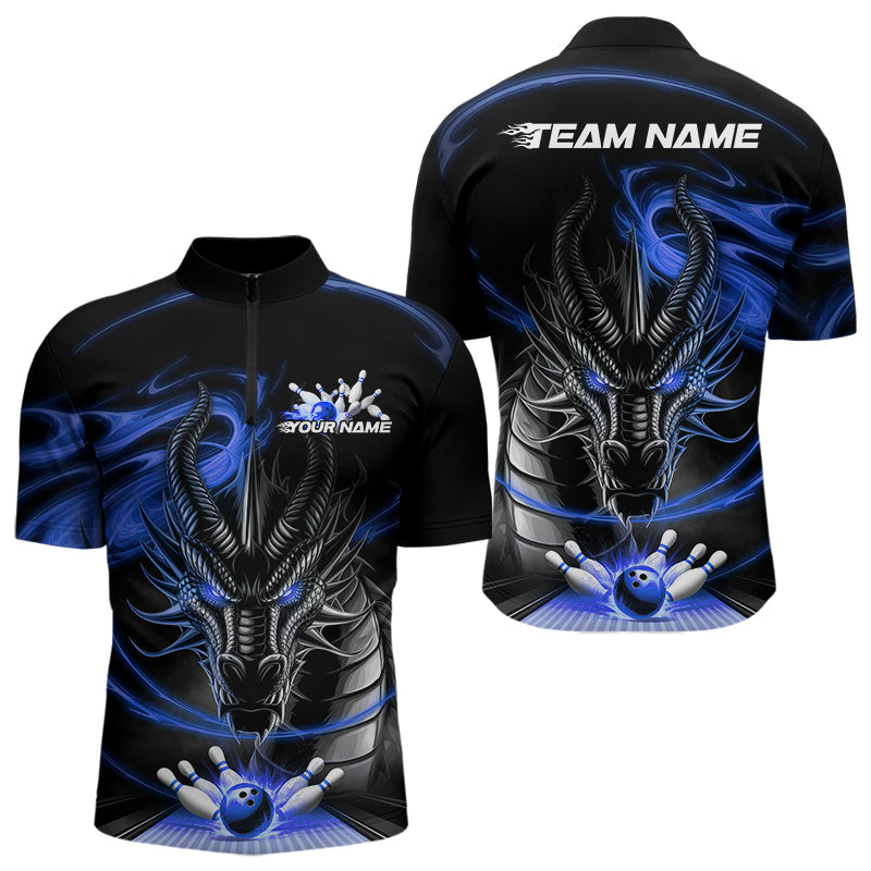 Custom Black And Blue Flame Dragon Bowling Team Men Quarter-Zip Shirts, Bowling League Shirt IPHW8913