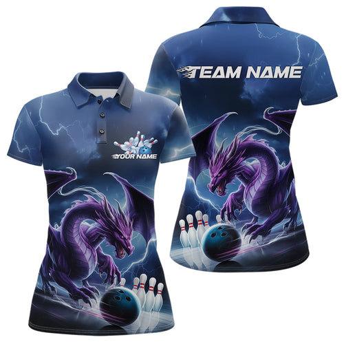 Custom Blue Thunder Lightning Purple Dragon Bowling Team Women Polo Shirts, Bowlers Outfit IPHW8915