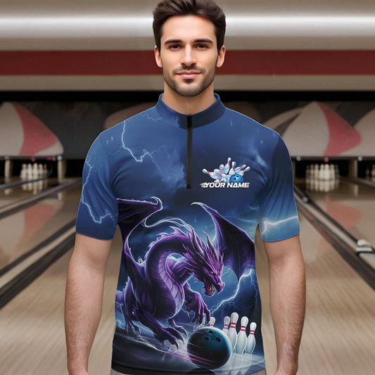 Custom Blue Thunder Lightning Purple Dragon Bowling Team Men Quarter-Zip Shirts, Bowlers Outfit IPHW8915