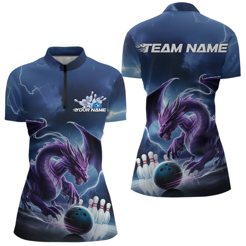 Custom Blue Thunder Lightning Purple Dragon Bowling Team Women Quarter-Zip Shirts IPHW8915