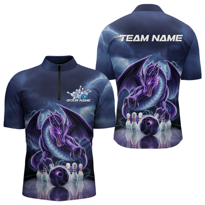 Custom Blue Thunder Lightning Purple Dragon Bowling Team Men Quarter-Zip Shirts, Bowlers Outfit IPHW8922
