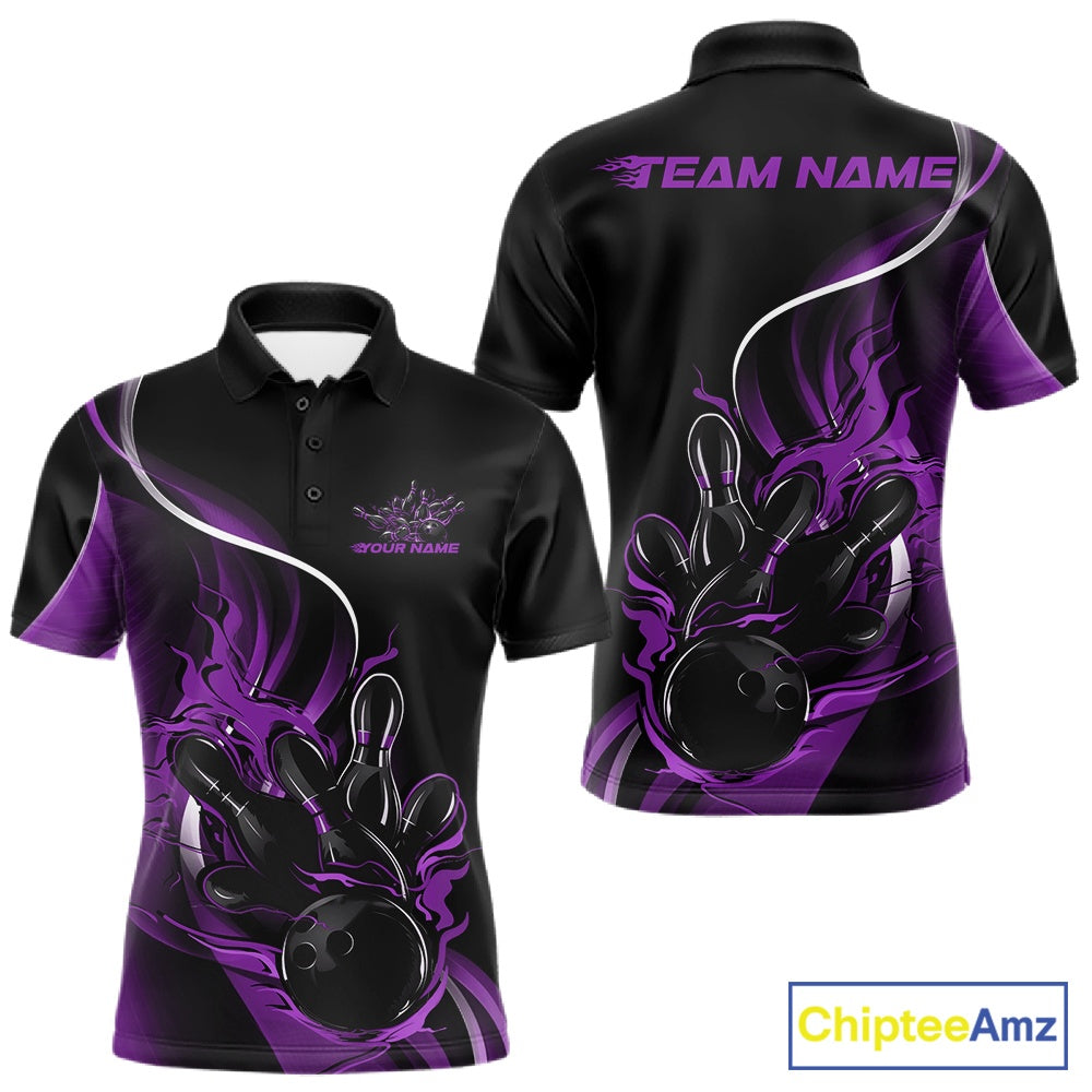 Front and back view mockup of a men’s black and purple polo shirt featuring a flame bowling ball striking pins in a bold sports apparel design.