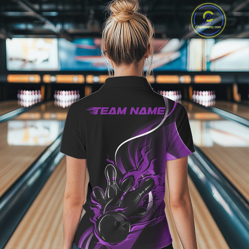 Female model back view at bowling lane wearing a black and purple polo shirt with flaming bowling ball hitting pins in bold athletic motion design.