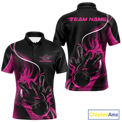 Front and back view mockup of a men’s black and pink polo shirt featuring a flame bowling ball striking pins in a bold and colorful sports apparel design.