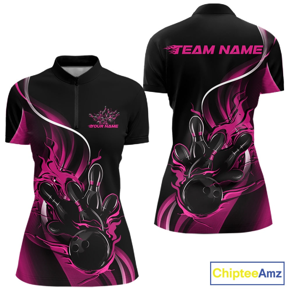 Womens quarter zip bowling shirt mockup, black and pink colorway showcasing fiery bowling ball hitting pins illustrative design