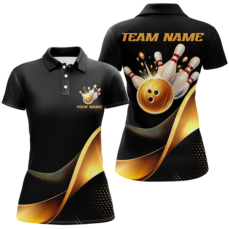 Black And Gold Bowling Ball And Pins Custom Bowling Shirts Bowling Team Tournament Jerseys IPHW6615